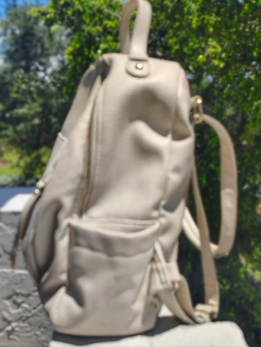 Neutral Faux Leather Backpack with Gold Hardware